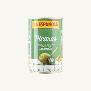 Green olives stuffed with jalapeño, Pícaras, medium spicy, manzanilla variety, can