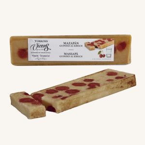 Torrons Vicens artisan marzipan nougat with Kirsch Cherries (turrón : torró de mazapán con cerezas al Kirsch), bar 300g