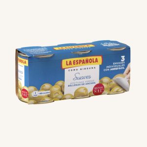 Green olives stuffed with anchovies - Suaves, with 35% less salt, manzanilla variety, 3 cans pack