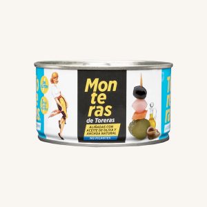 Monteras de Toreras Non-spicy Banderillas (pickle skewers) with a black olive on top, in olive oil, can