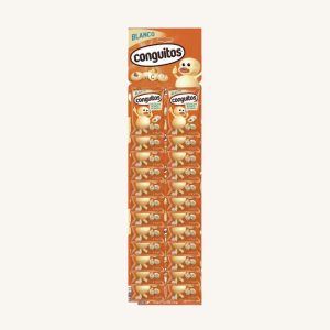 Blanco Conguitos, white chocolate-covered peanuts (cacahuetes recubiertos de chocolate blanco), panoply with 24x18g sachets