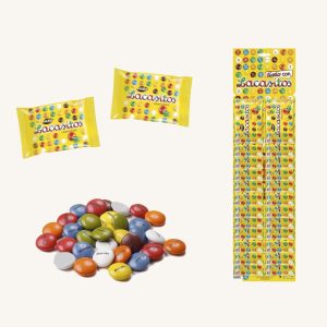 Lacasitos coloured dragées with chocolate, from Aragon, panoply with 24x18g main
