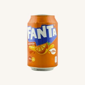 Fanta Naranja soft drink with 8% orange juice, low in calories, can